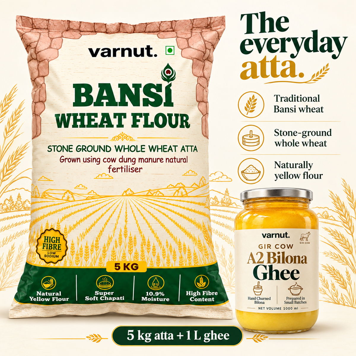 5Kg Bansi Wheat Flour & 1L A2 Gir Cow Ghee | Combo Pack