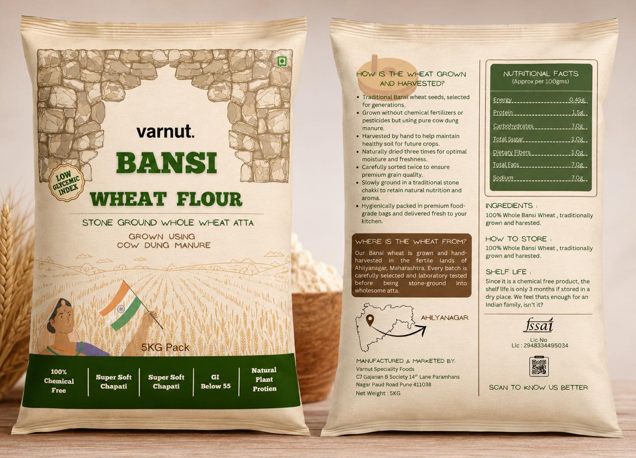 Varnut Stone Ground Bansi Wheat Flour pack in a modern kitchen
