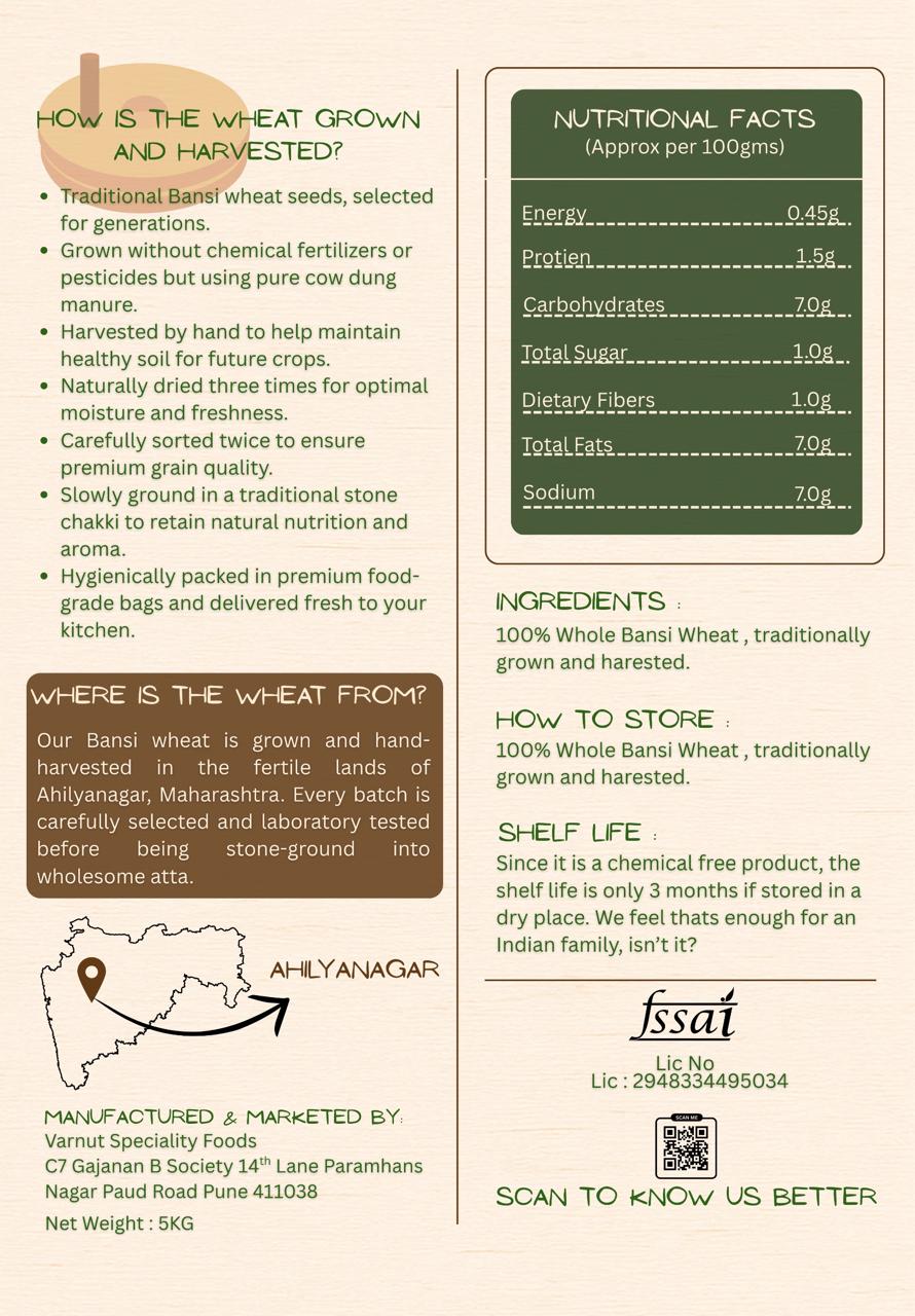 Back label of Varnut Stone Ground Bansi Wheat Flour 5kg showing nutrition and storage information