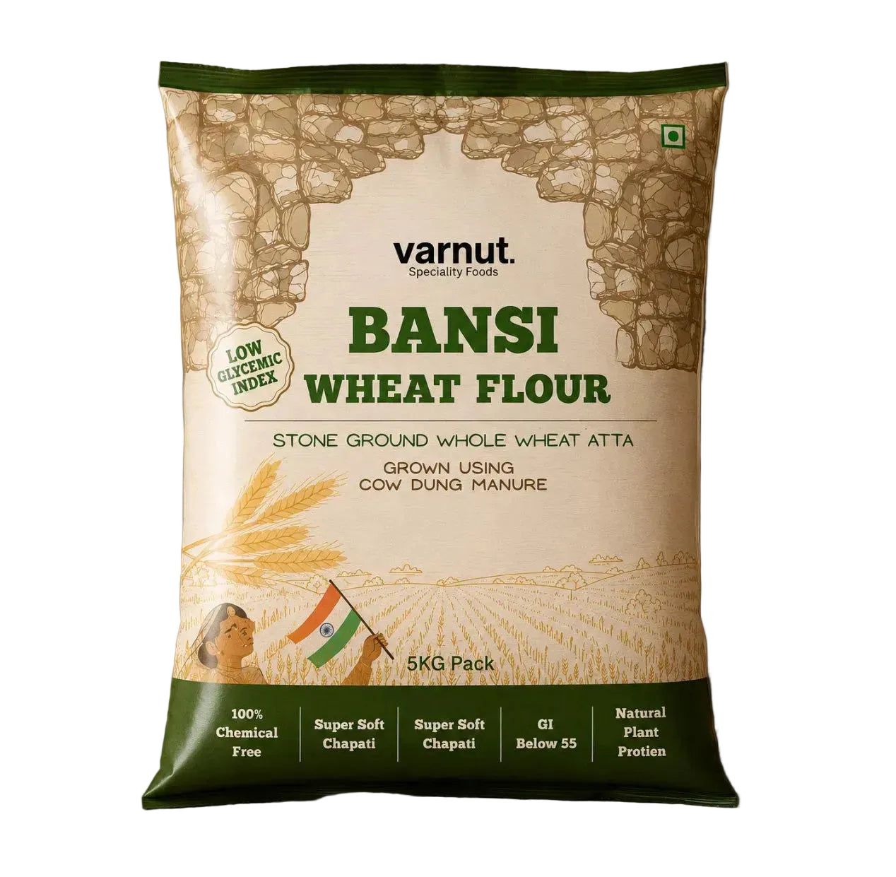 Varnut Stone Ground Bansi Wheat Flour (Bakshi Atta) 5kg front packaging
