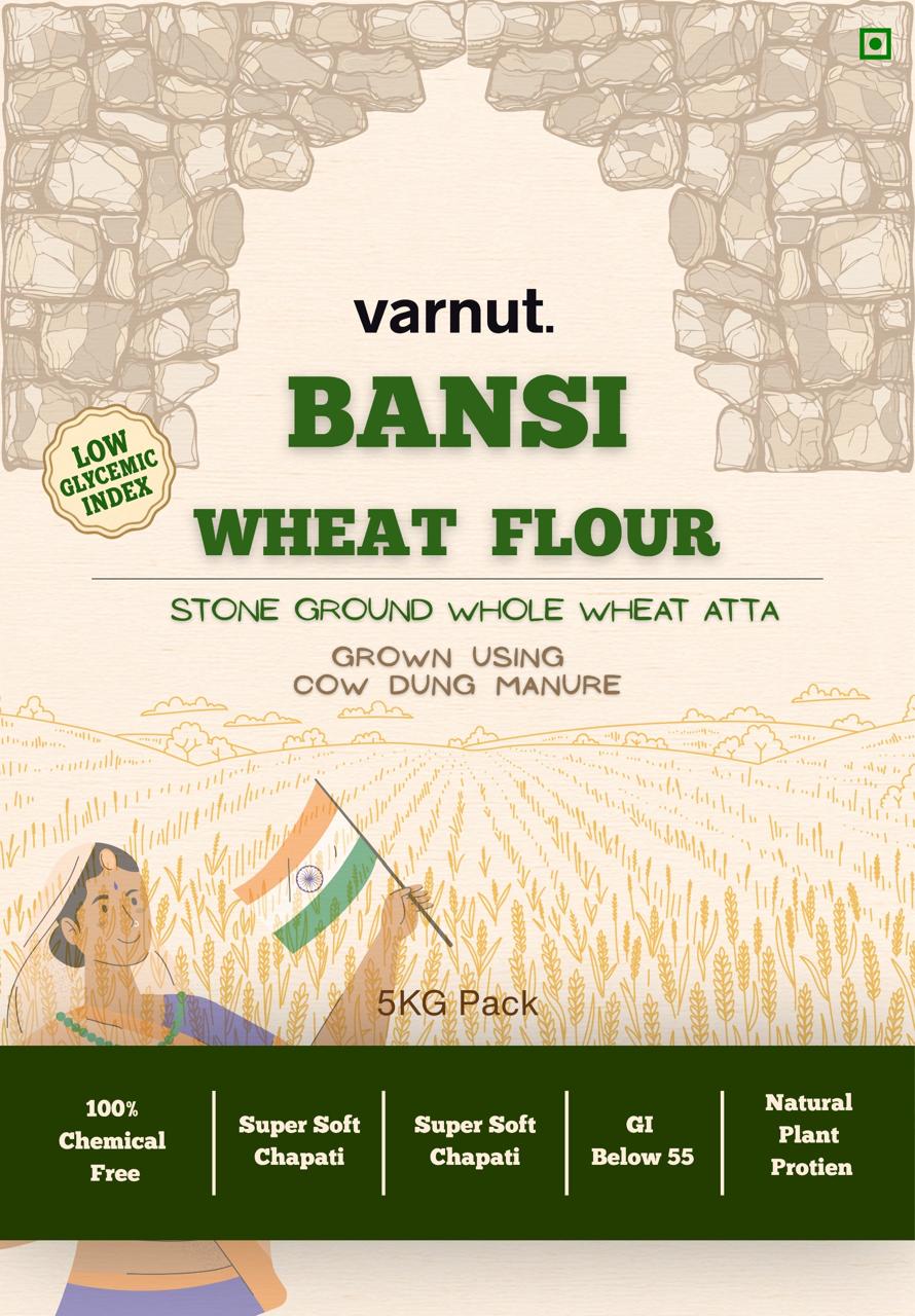 Front and back view of Varnut Stone Ground Bansi Wheat Flour 5kg