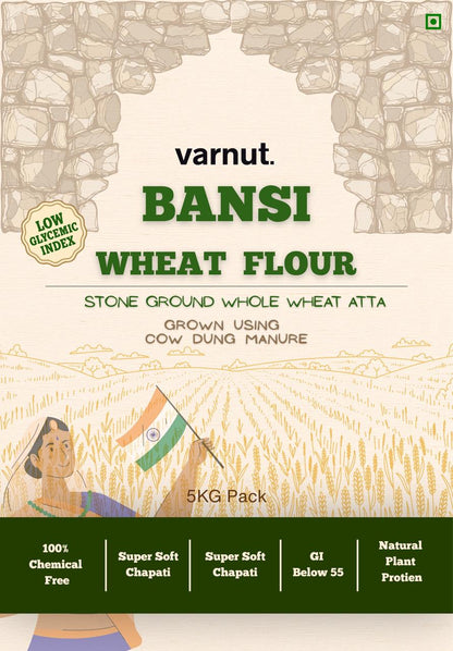 Front and back view of Varnut Stone Ground Bansi Wheat Flour 5kg